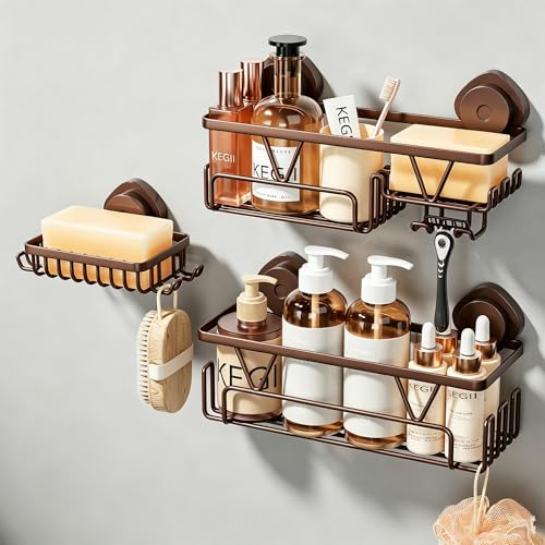 Image of KEGII Suction Cup Shower Caddy, 3-Piece Suction Shower Shelf Set with Soap Dish & Hooks, Adhesive Bath Organiser for Bathroom, Kitchen, Laundry Room, Bronze