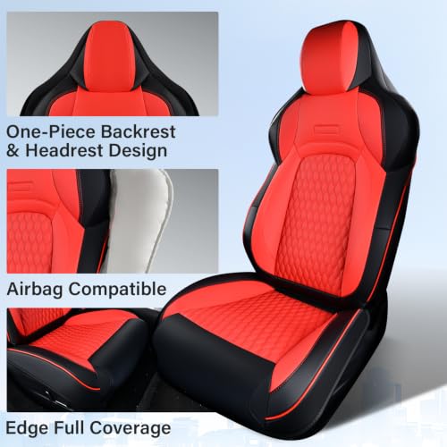 Image of Coverado Front Seat Covers for 2024-2025 Tesla Model 3, Waterproof Car Seat Covers, Front 2PCS, Leatherette Car Seat Cover Seat Protector Custom for Tesla Model 3, Black & Red