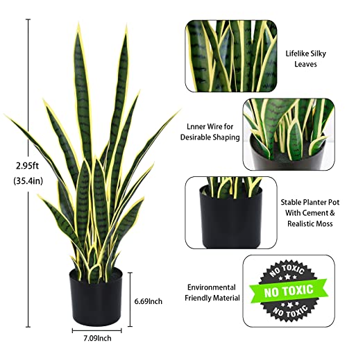 Hanamono 35.4" Artificial Snake Plant, Faux Potted Plants Large Tropical Sansevieria Home Decor Indoor Outdoor 21 Leaves For Living Room/Bedroom/Office/Housewarming Gift W/Planter & Seagrass Basket #TOP2