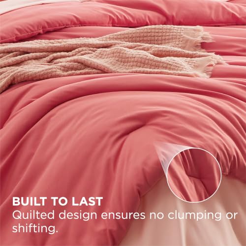 Image of Bedsure Full Size Comforter Set - 7 Pieces Coral Full Bedding Set for All Seasons, Boho Contrasting Design Bed in a Bag with Comforter, Sheets, Pillowcases & Shams
