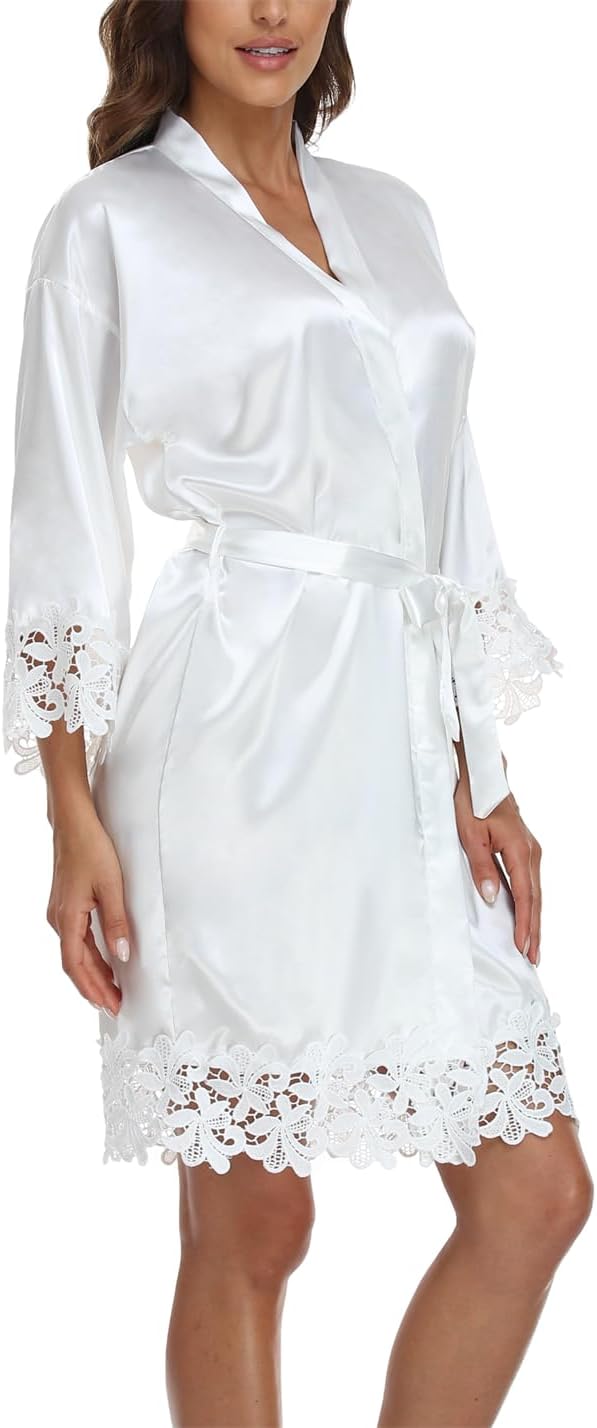 Womens Short Silk Robe Lace Trim Satin Kimono Sleepwear For Bridesmaid Robes