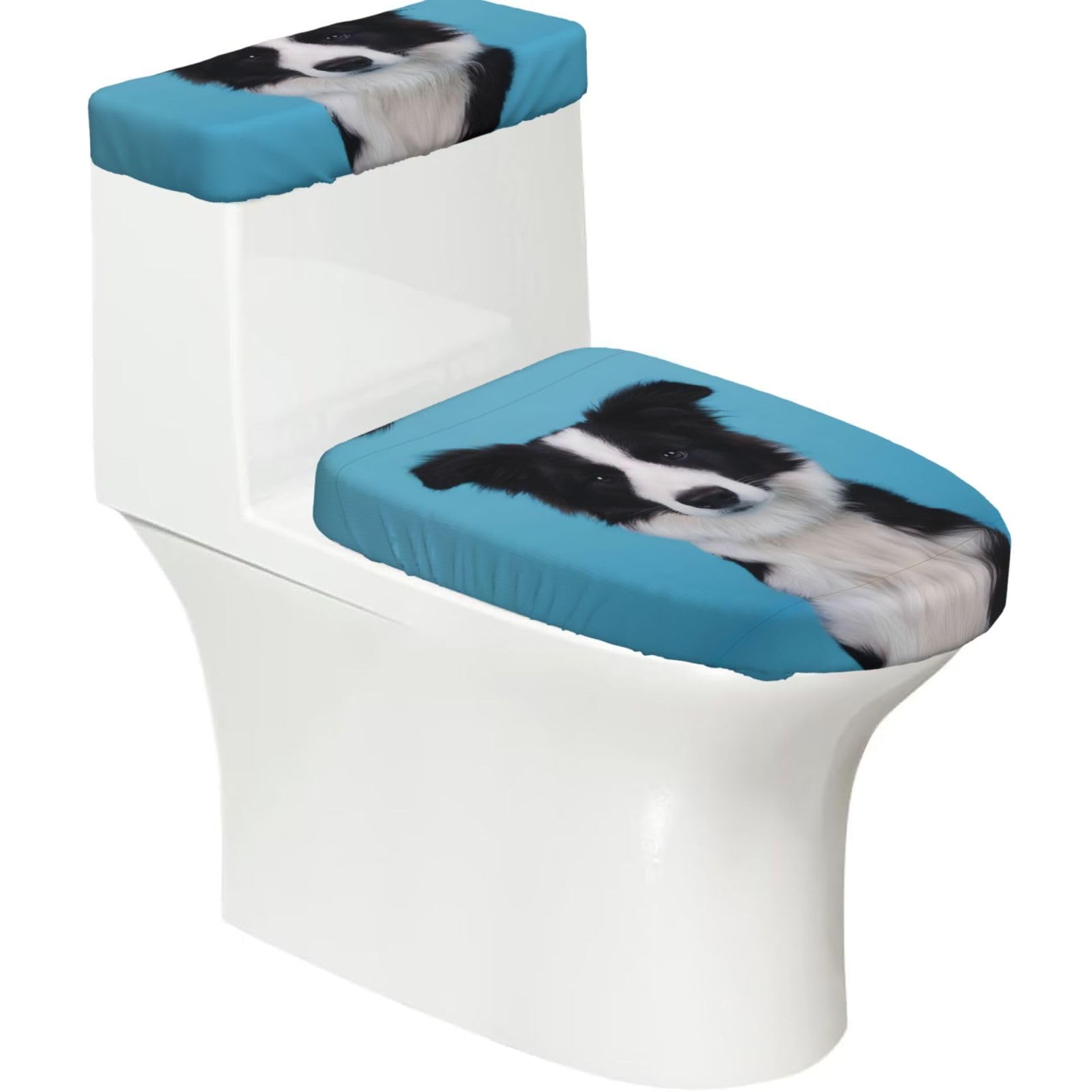 Wzycwb Black Border Collie 2-Piece Toilet Seat Cover Set With Tank Lid, Elastic Fit For U-Shape & Elongated Toilets, Bathroom Decor, Housewarming Gift