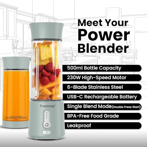 Image of QUIX Portable Mini Blender 500ml for Smoothies Cold Coffee & Juices | USB-C Rechargeable Juicer Mixer Grinder with 230W Motor Ice Crushing & 4000mAh Battery | BPA Free | Sage Green
