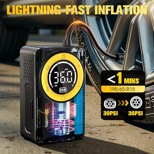 CARSUN Tire Inflator Portable Air Compressor, 150PSI Air Pump For Car Tires with Digital Pressure Gauge, LED Light and Auto Shut-Off Function Cordless Pump for Car, Motorcycle, Bicycle, Balls — view 2