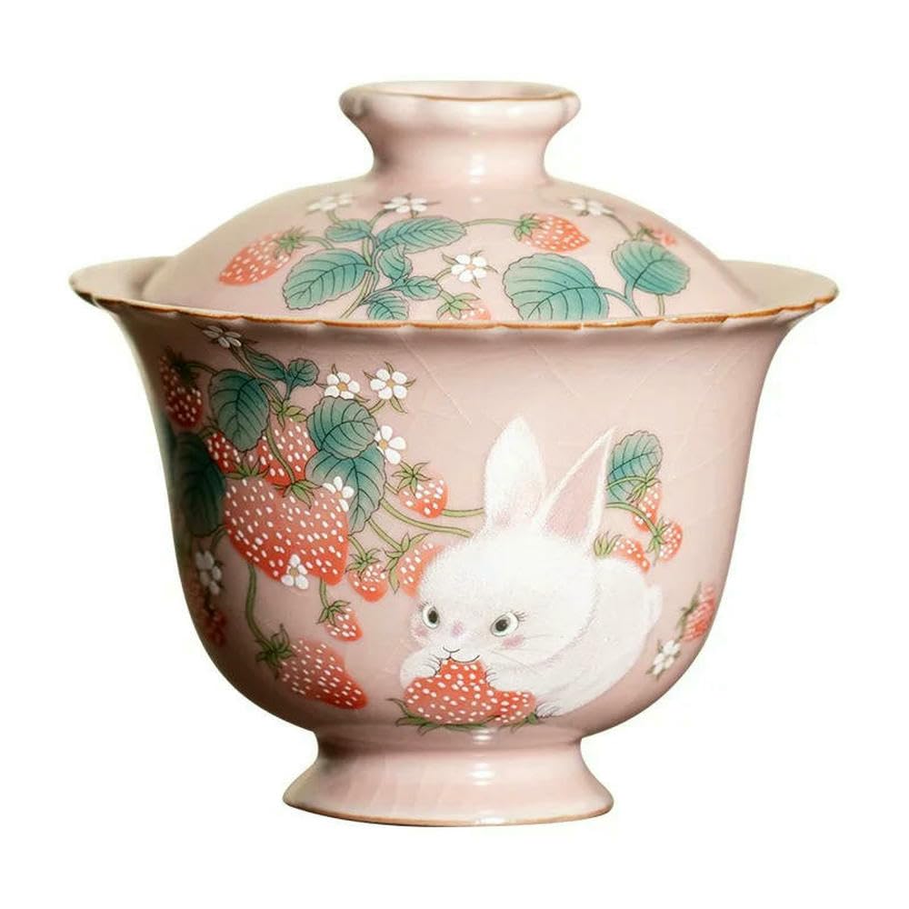 Miongki 100Ml Gaiwan Cute Rabbit Ru Yao Porcelain Gaiwan Set For Tea Tureen Teaware Cup Pink Ceramic Opening Tea Bowls Chawan Tea Ceramony