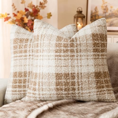 Image of Foindtower Pack of 2 Soft Faux Fur Boucle Throw Decorative Pillow Covers Fuzzy Accent Check Cushion Sherpa Boho Farmhouse Pillowcase for Couch Sofa Bed Living Room Home Decor 20x20 Inch,Khaki Brown