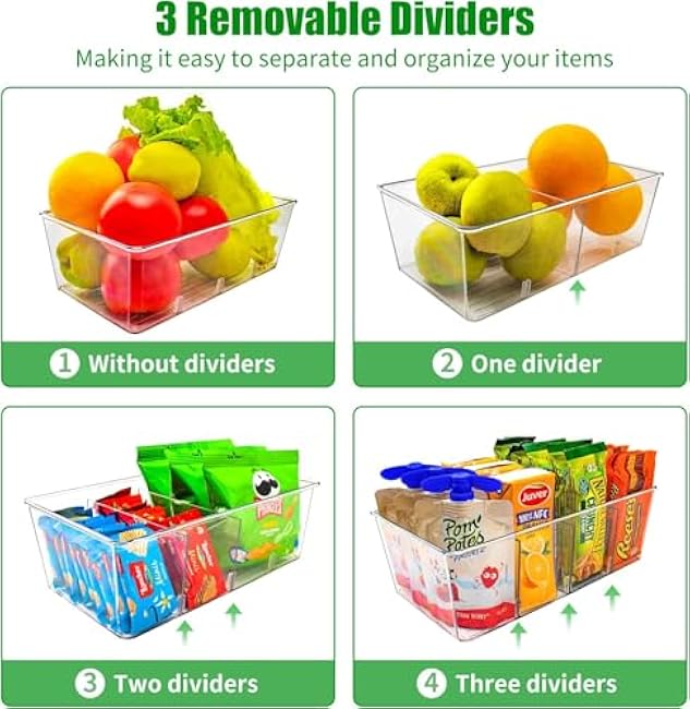 4 Pcs Clear Pantry Organizers and Storage,Plastic Storage Bins for Fridge with Removable Dividers, Kitchen Cabinet Organizers Ideal for Kitchen, Pantry, Refrigerator, Freezer, and Snack Storage