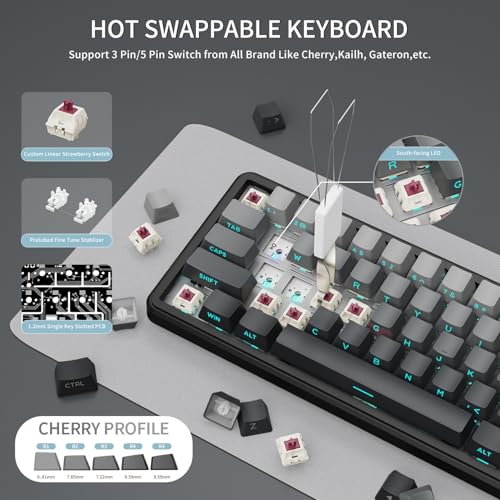 ATTACK SHARK X66 Teclado mecânico sem fio para jogos com botão, modo triplo USB-C/BT5.0/2.4G,com junta montada,60% RGB,teclas PBT impressas na lateral,hot swap strawberry switch(Moonlight) - Imagem 5