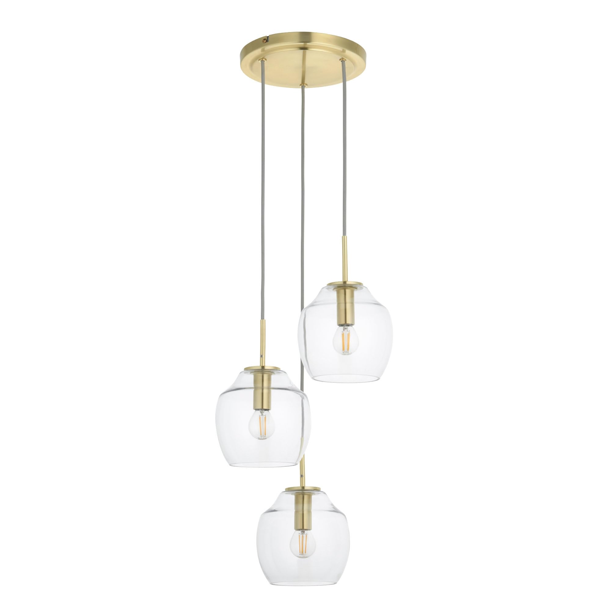 firstchoicelighting Brushed Gold Ceiling Pendant Light, Clear Glass Shades, 3 Way Modern Cluster Design, Height Adjustable