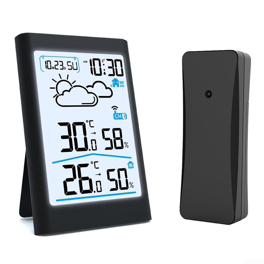 Bezprzewodowa stacja pogodowa, cyfrowy termometr wewnętrzny i zewnętrzny, cyfrowy czujnik wilgotności i termometru z wyświetlaczem LCD(Black)