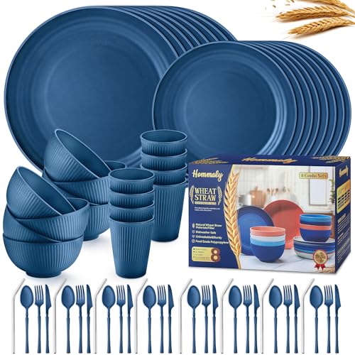 Wheat Straw Dinnerware Sets 64-Piece Plates and Bowls Sets for 8-Unbreakable Reusable Plastic Dish Set-Dinner Plate/Dessert Plate/Cereal Bowl/Cup/Utensils-Microwavable Dishwasher Safe 64P-Deep Blue