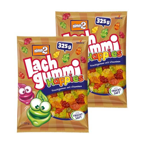 nimm2 Lachgummi Happies – 2 x 325 g – Fruchtgummis mit Fruchtsaft und Vitaminen – Süßigkeit in sechs Geschmacksrichtungen