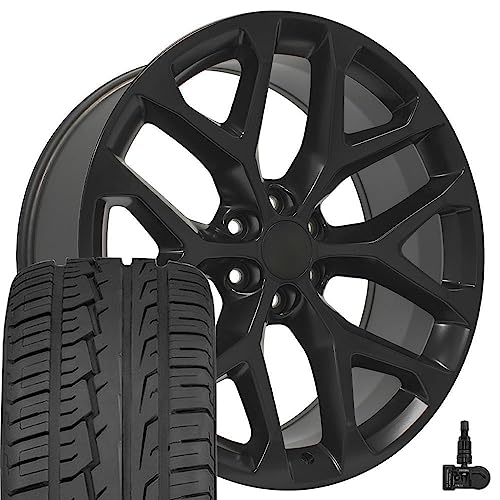 OE Wheels CV98 24 Inch Rims and Tires Fit Silverado 1500 Snowflake Style 6x139.7 24x10 Satin Black - Hollander 5668 - iMove Gen2 AS 305/35-24 (Set of 4)