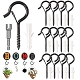 YUVKIN 12 piezas ganchos tornillo con seguro, acero inoxidable, pared, techo, alcayatas roscadas, colgar, macetas, cestas de plantas, luces decorativas, cuadros y navideña (Negro)