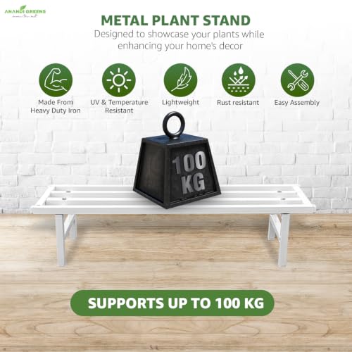Image of Anandi Green's White Heavy Duty 1 Tier Metal Plant Stand for Grow Bags Planters and Pots Rust Resistant Plant Pot Holder Rack for Outdoor Balcony Indoor Living Room and Garden Supports Up to 100 kg