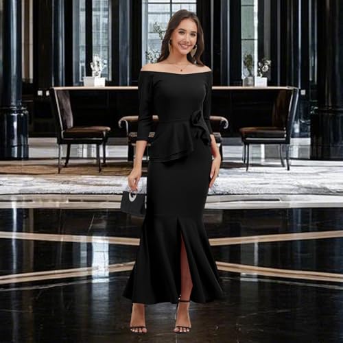 Image of Women's Elegant Formal Mermaid Maxi Dress Off Shoulder Long Sleeve Wedding Split Evening Gown Prom Cocktail Party Dresses