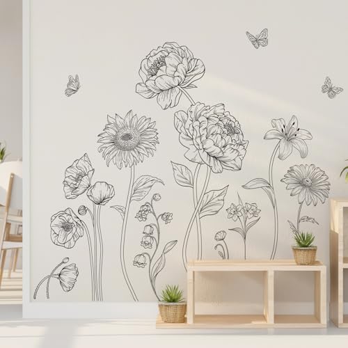 SHUCHING Grands Stickers Muraux Fleurs Noires et Blanches, Décoration Murale Pivoine pour Salon Chambre