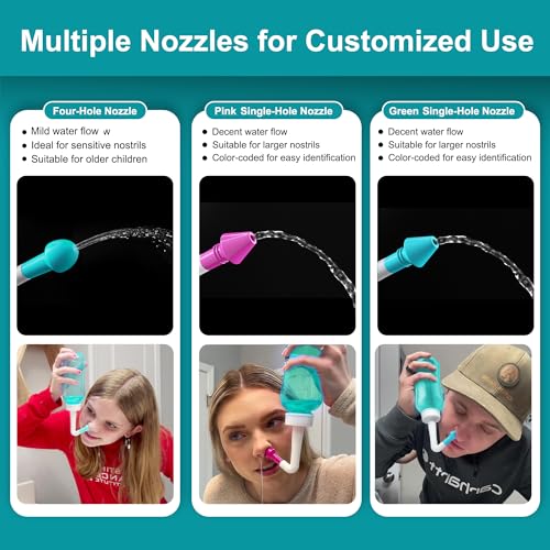 Neti Pot Sinus Rinse Bottle Nose Wash Cleaner Pressure Rinse Nasal Irrigation for Adult & Kid BPA Free 300 ML with 30 Nasal Wash Salt Packets and Sticker Thermometer - Image 3