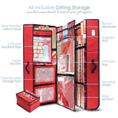 Image of Hearth & Harbor Wrapping Paper Storage Container with Ribbon Dispenser and Interior Pockets - Large Christmas Storage Containers with Wheels, Fits 30 Rolls of 40 inch Length, Red