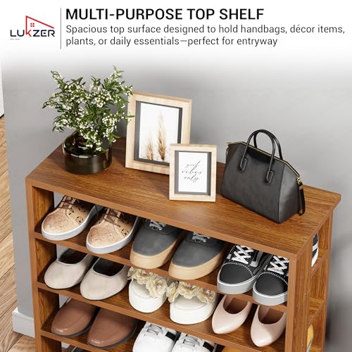 Image of Lukzer 5-Tier Wooden Shoe Rack | Multipurpose Storage Shelf for Shoes, Handbags, Showcase & Accessories | SR-002 /Oak Brown | Engineered Wood Footware Stand for Entryway & Living Room (80x70x27cm)