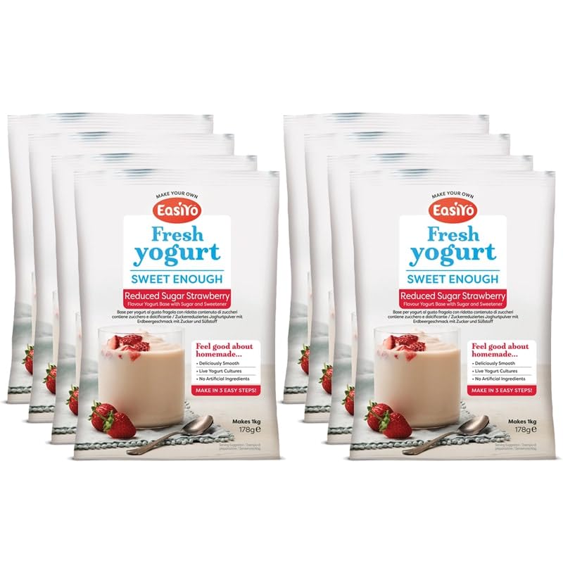 EasiYo Joghurt Erdbeere zuckerreduziert, 8 Beutel | Jeder Beutel ergibt 1 kg Joghurt