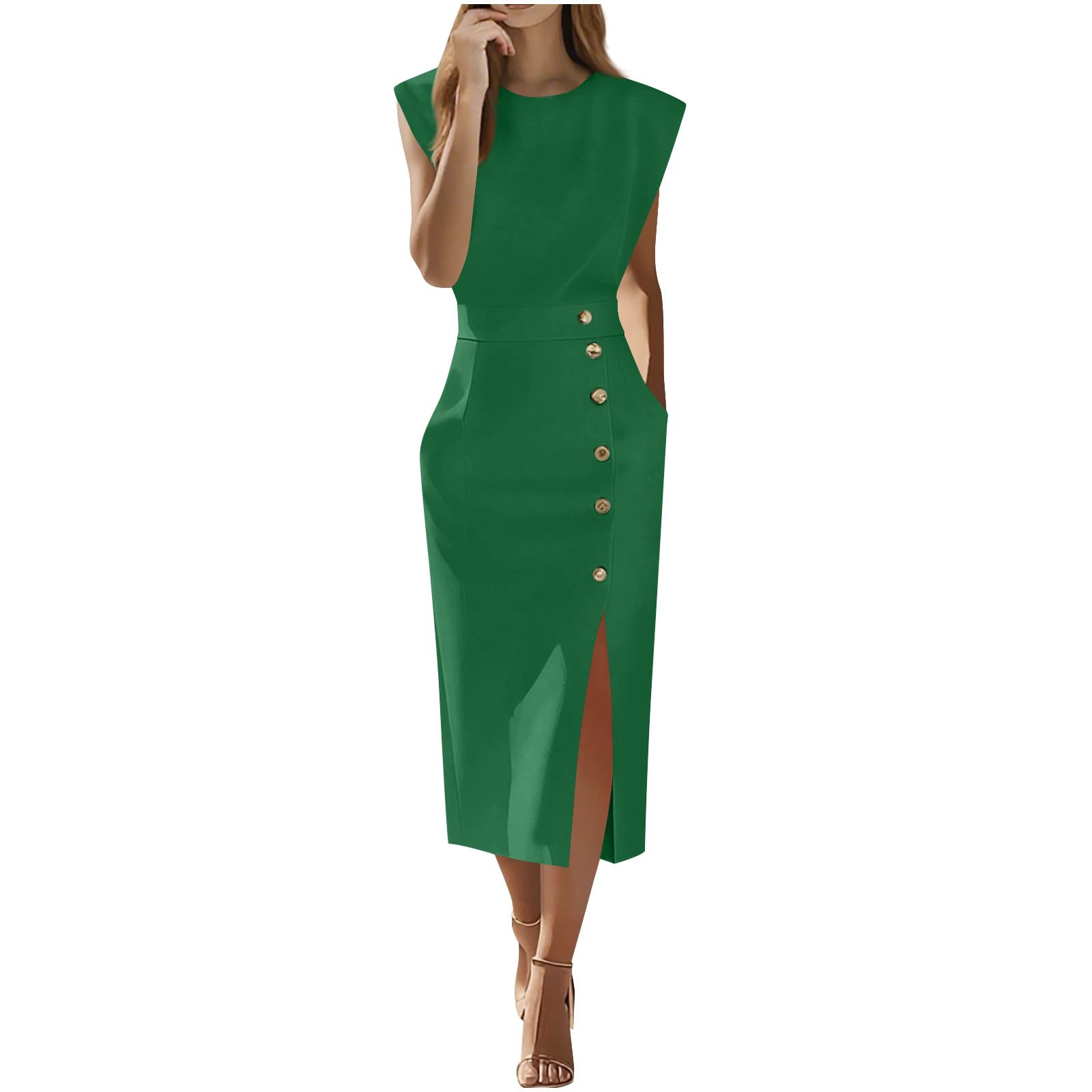 Women Cap Sleeve Midi Dress Side Split Round Neck Business Casual Dressy Gown Bodycon Office Solid Button Outfits