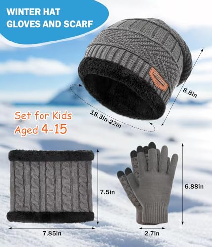 Image of Kids Winter Hat Scarf&Touchscreen Gloves Set,Knitted Beanie with Fleece Lining, Neck Warmer for Boys Girls 4-15 Years