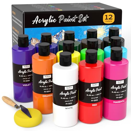 Image of Nicpro 12 Colors Large Bulk Acrylic Paint Set for Artist (8.45 oz, 250 ml) | Rich Art Painting Supplies, Non Toxic for Multi Surface Craft Rock Canvas Wood Ceramic Leather Fabric, for Adult Beginners