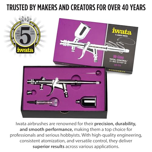 Iwata Hi-Line HP-TH Trigger Airbrush Gun Gravity Feed Dual Action H5 Nozzle-Needle, ½ oz Fluid Cup, Round and Fan Air Caps, Special Effects, Hobby, Terrain, Auto-Graphics - Image 2
