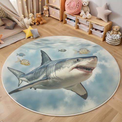 Alfombra Redonda 90cm, Alfombra Tiburón Pez Pequeño Antideslizante, Animales Marinos En Acuarela Lavable A Máquina Fácil de Limpiar Azul Claro Alfombras para Salón Sofá Mesa de Café Estudio Dormitorio