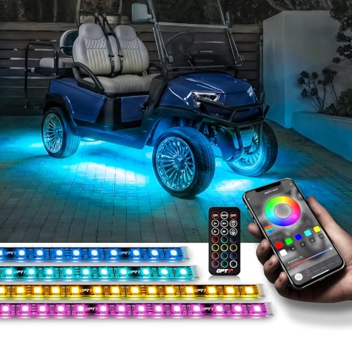 OPT7 12V Aura Golf Cart Underglow LED Light Strips with App & Remote Control 4PC RGB Multi-Color Music Sync Decor Accessories Waterproof Exterior Neon Accent Lighting Kit for EZGO Yamaha Club Car