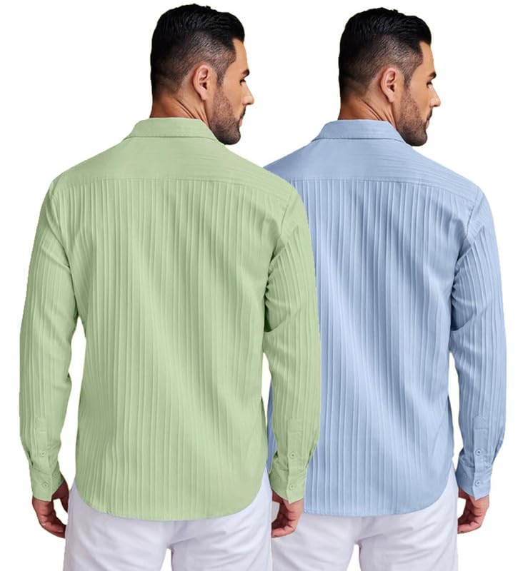 Image of DEELMO Combo of Men's Casual Button Down Shirts Long Sleeve Linen Shirt Fashion Textured Summer Shirts Pack of 2