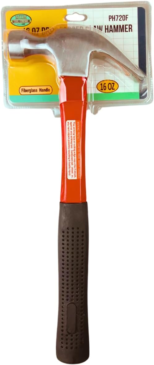 13" 16oz Forged Steel Claw Hammer | Red Fiberglass Handle | 6.5" Rubber Grip | Dual-Purpose Building & Demolition