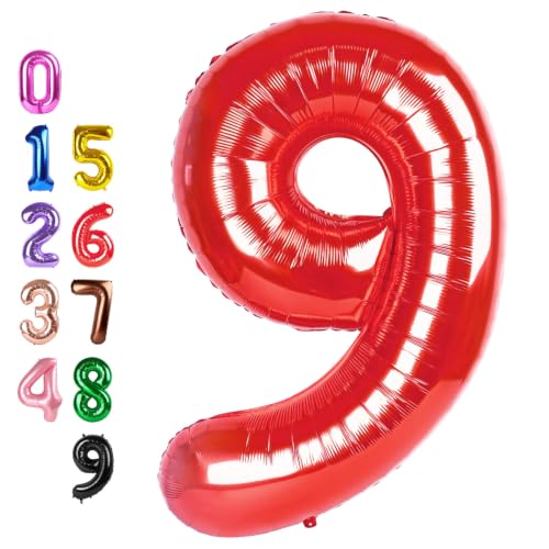 Image of Number Balloons 9 Balloon Red for 9th Birthday Party Decorations, 40 inch | Saturated Color, Large 40 in, With Straw & Hanging Hole, For Back-to-School Season, Wedding, Christmas, New Year, Anniversary