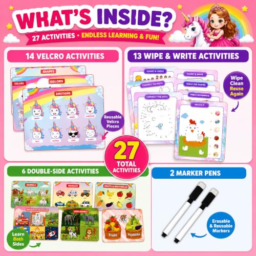 Image of FullnessKids Unicorn Busy Book for Toddlers 2-5 Years | 27 Activities Montessori Learning Toy | 14 Velcro Activities & 13 Wipe and Write Activities | Reusable Educational Activity Binder | Travel Toy & Birthday Gift for Girls