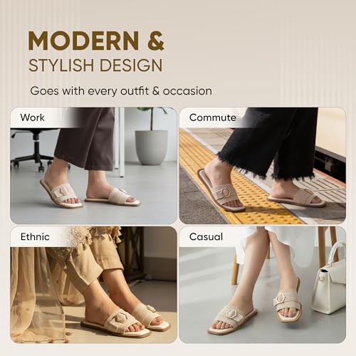 Image of Frido Women's Comfort Flat Sandals | Ethnic Style Slip-On | Super Soft Cushioned Sole, Padded Knit Upper, Breathable & Anti-Skid Zero-Drop | Available in Comfort Flat & Ethnic Kolhapuri style