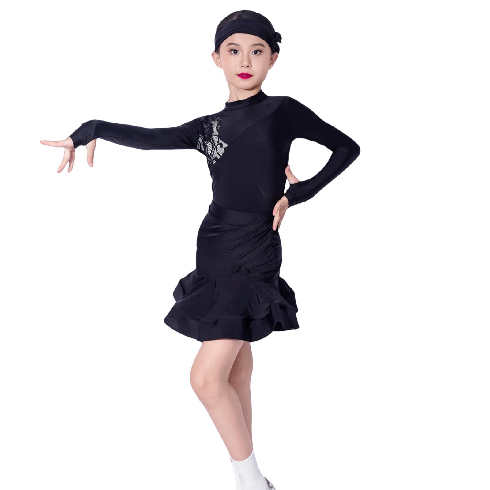 2-TLG. Geteiltes Ballettkleid Für Mädchen Mit Langen Ärmeln, Latein Rumba Samba Samtrüschen Moderne Gesellschaftstanzbekleidung Wettkampfkostüme Für 3–15 Jahre