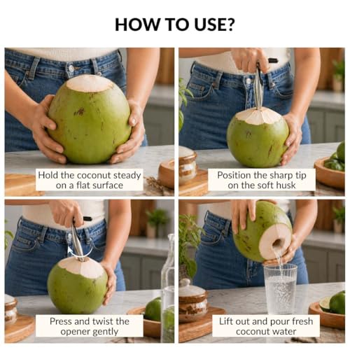 Image of Nestasia Stainless Steel Coconut Opener Tool - Rust Resistant Tender Coconut Water Driller & Splitter | 100% Food Safe Nariyal Pani Opener Knife - Sturdy T-Grip Handle Kitchen Tool