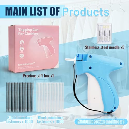 Image of Stitch Gun for Clothes - Handheld Stitch Gun Quick Clothing Fixer - Tagging Gun for Clothing, Sewing Kit-Includes 6 Needle, 1000 Black Fasteners & 1000 White Fasteners (Blue White)