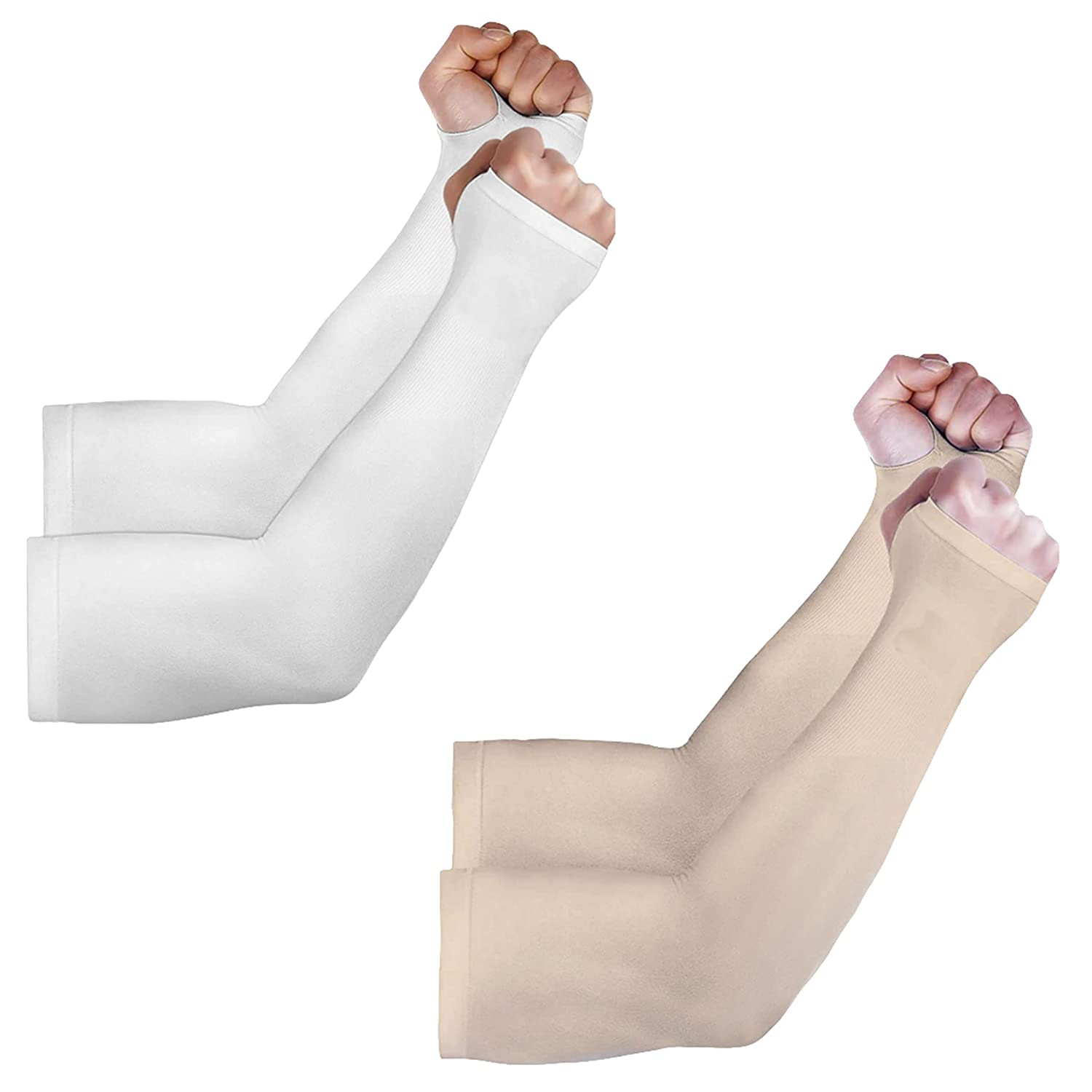 YOGJAT Unisex UV Sun Protection Cooling Arm Shield Men & Women Compression Sports ( WHITE & BEIGE)