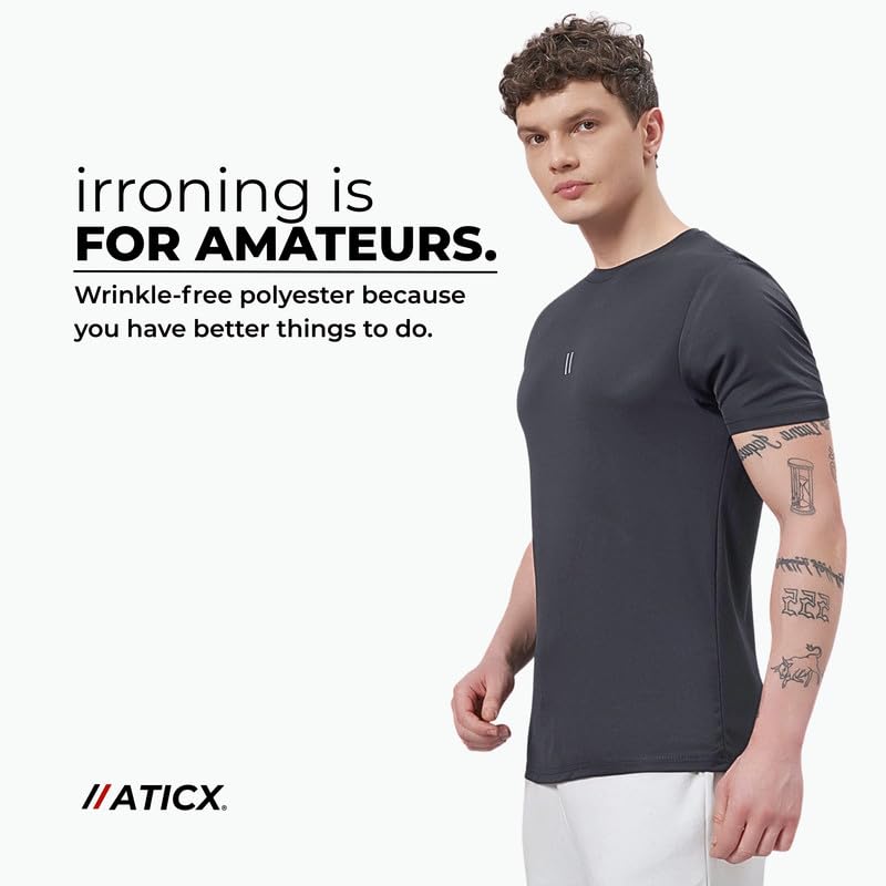 Image of ATICX Slim Fit Polyester Sports T-Shirt for Men - Round Neck Quick Dry Fit Half Sleeve Breathable Stylish Gym & Workout Tee - Lightweight Running Cycling Football Swimming Training Sportswear Top