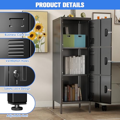 Image of Aobabo 16 inch W 3 Door Metal Storage Locker with Lock, 47 inch H Steel Locker with Name Card Holder and Metal Leg for School, Home, Office, Playroom, Assembly Required, Black