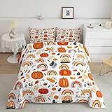 Regenbogen Bettwäsche 200x200 Mädchen Kürbis Herbst Tröster Set für Kinder Jungen Karikatur Stil Herbst Blätter Bettbezug Girly Weiche Mikrofaser Daunendecke mit 2 Kissenbezüge für Schlafzimmer Dekor