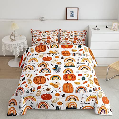 Regenbogen Bettwäsche 200x200 Mädchen Kürbis Herbst Tröster Set für Kinder Jungen Karikatur Stil Herbst Blätter Bettbezug Girly Weiche Mikrofaser Daunendecke mit 2 Kissenbezüge für Schlafzimmer Dekor Cover