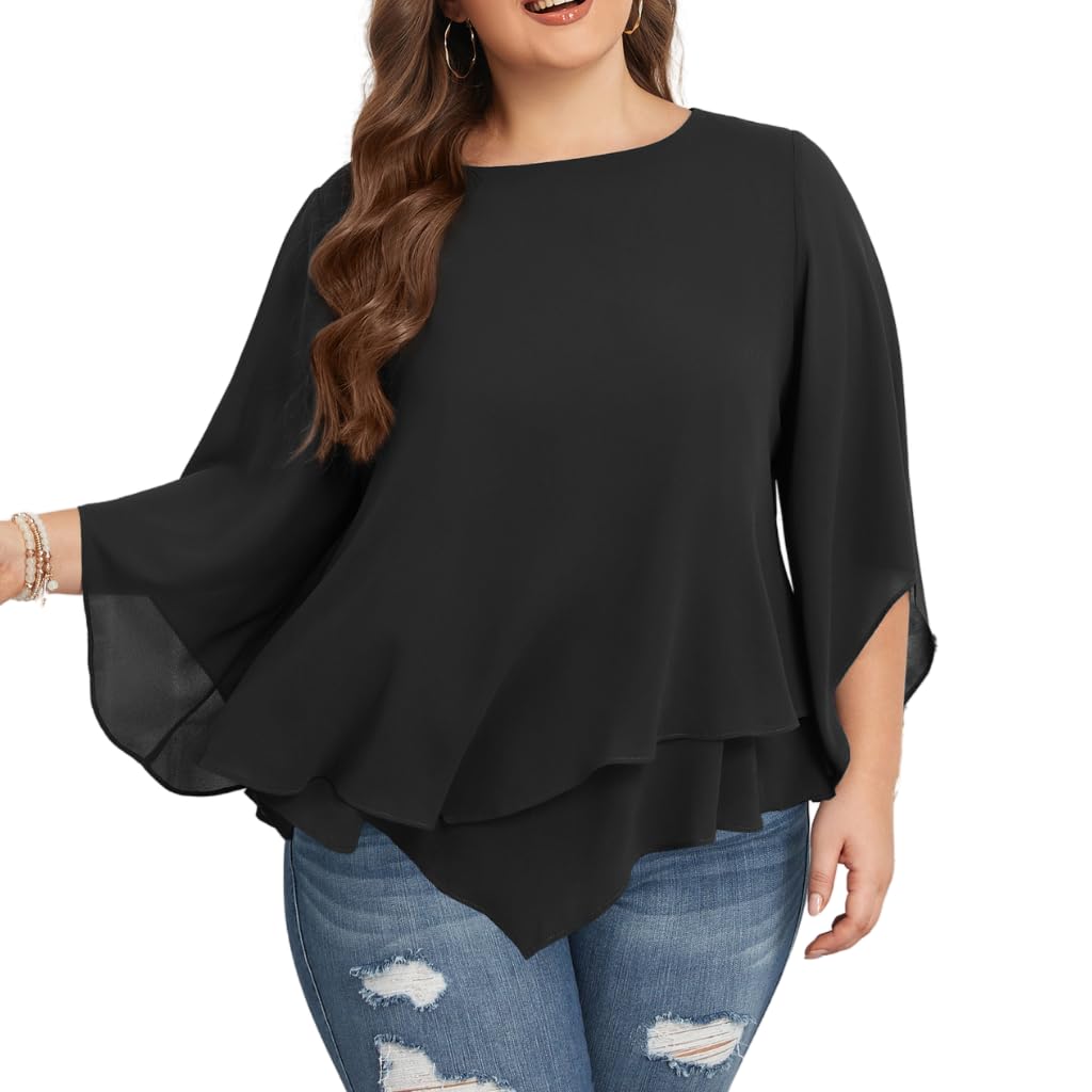 Hanna Nikole Blusa de gasa para mujer, tallas grandes, manga 3/4, camisa de doble capa, holgada, elegante, holgada