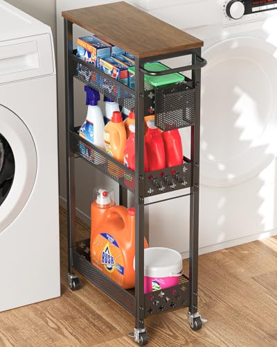 XYZLVSI Slim Storage Cart 4 Tier Laundry Cart with Wheels, Narrow Metal Kitchen Rolling Carts Bathroom Organizers Storage Shelf with Wood Rack and Handle for Small Space