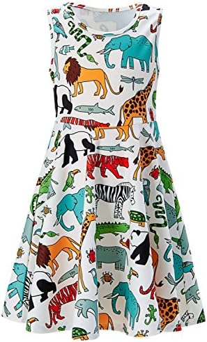 RAISEVERN Girls Summer Sleeveless Dress Lion Giraffe Elephant Pattern 3D Printed White Dresses Casual Swing Birthday Party Sundress Kids Twirly Skirt Animal World 6-7 Years