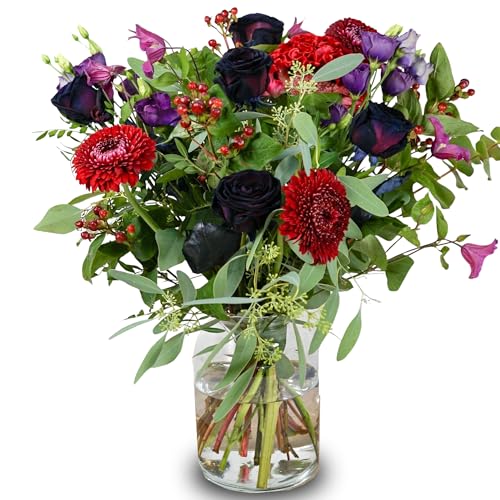 Velvet Twilight Bouquet - Luxurious Black Roses, Burgundy Germini, Purple Lisianthus, Celosia & Clematis - Fleur De Luxe