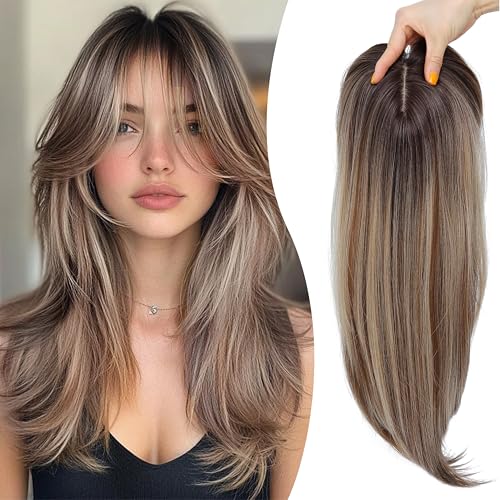 Image of Synthetic Hair Topper with Bangs 18 Inch Layered Toppers for Women with Thinning Hair 5.5 inch x 5 inch hand Tied Forehead Hairline 360 3D Cover Wispy Synthetic Toppers Hair for Women Fiber Wiglets