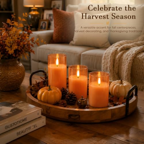 Image of Homemory Orange Glass Flameless Candles, Fall Decor, Remote Timer, 3 Pack